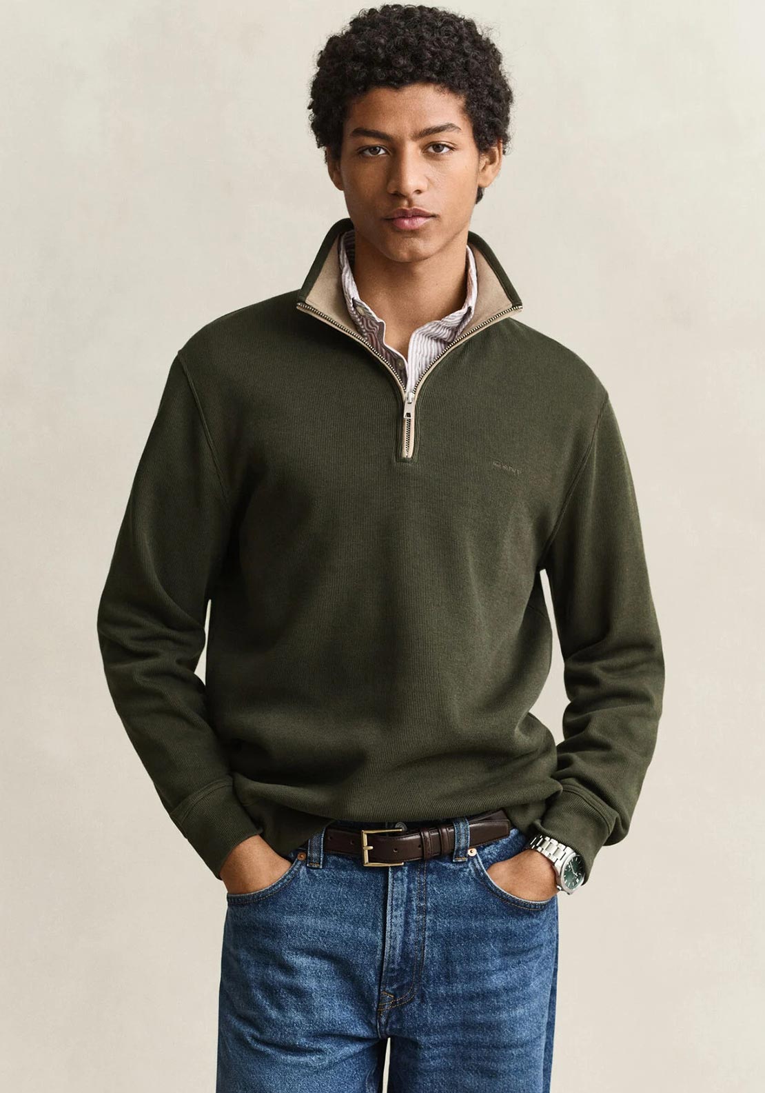 Gant Sacker Rib Half Zip Sweatshirt, Dark Moss Green