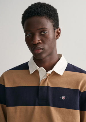 Gant Sheild Heavy Rugger Barstripe Polo Shirt, Warm Khaki