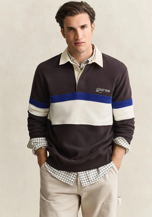 Gant Striped Heavy Rugger Rugby Shirt, Wood Brown Multi