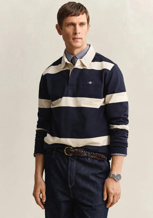 Gant Striped Heavy Rugger Rugby Shirt, Navy