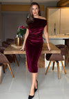 Girl In Mind  Ariana Asymmetric Black Velvet Midi Dress, Wine