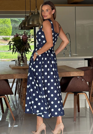 Girl in Mind Erica Polka Dot Midi Dress, Navy