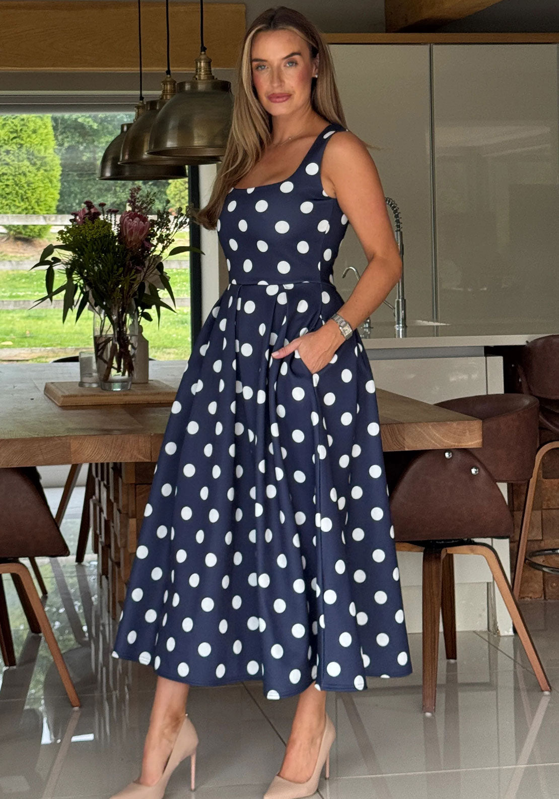 Girl in Mind Erica Polka Dot Midi Dress, Navy