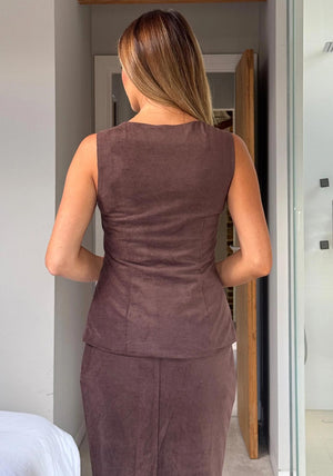 Girl In Mind Jamie Square Neck Suede Waistcoat, Brown