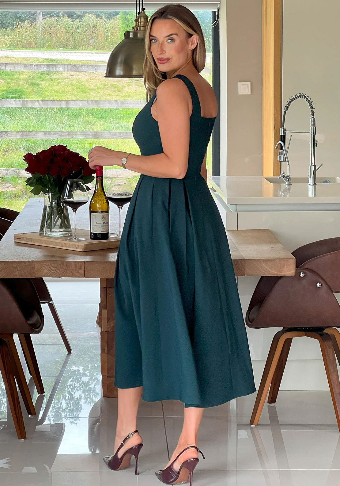 Girl in Mind Nesta Boat Neck Skater Midi Dress, Green
