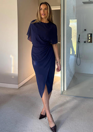 Girl In Mind Vivienne Cape Detail Wrap Midi Dress, Navy