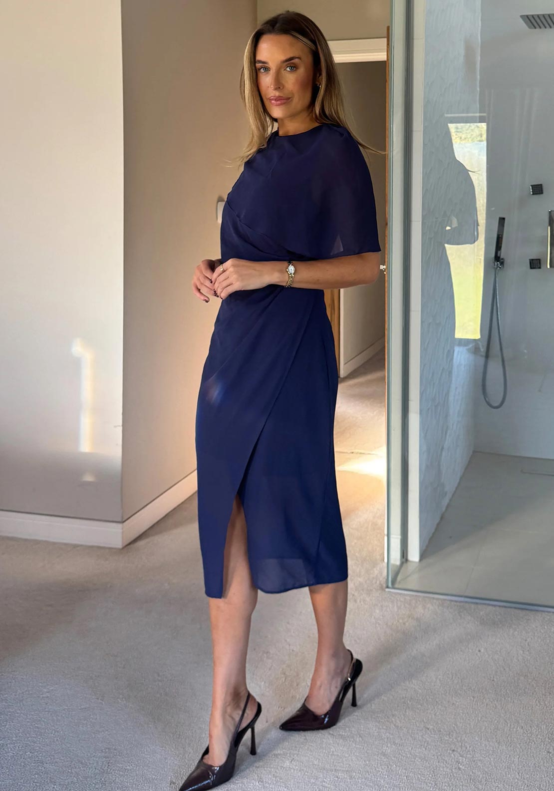 Girl In Mind Vivienne Cape Detail Wrap Midi Dress, Navy