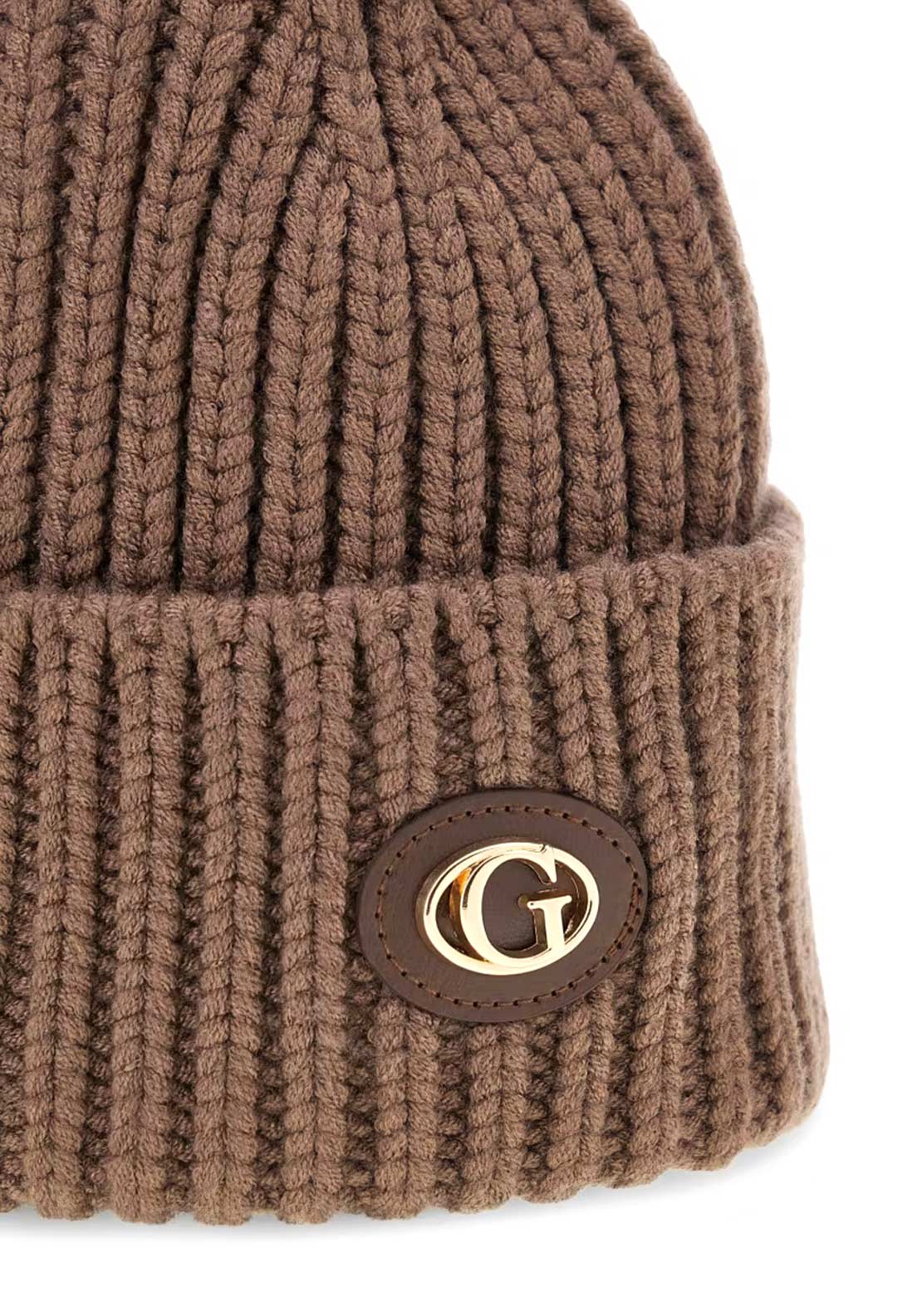 Guess Logo Detail Knitted Beanie, Brown