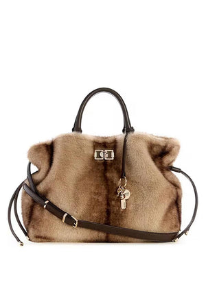 Guess Mavis Faux Fur Satchel Handbag, Brown