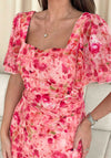 Girl In Mind Heidi Floral Ruched Midi Dress, Pink & Red