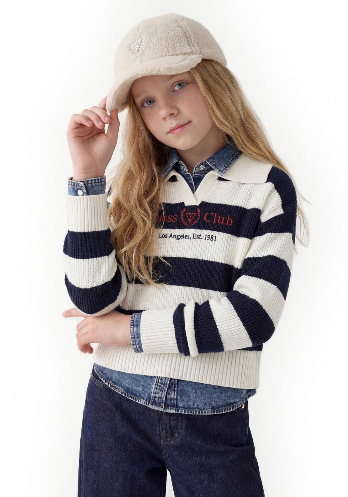 Guess Older Girl Stripe Long Sleeve Knit Jumper, Navy