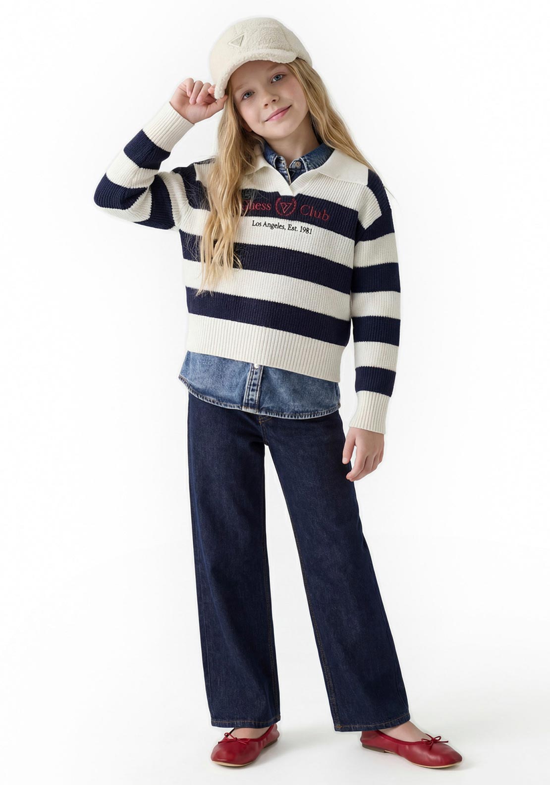 Guess Older Girl Stripe Long Sleeve Knit Jumper, Navy