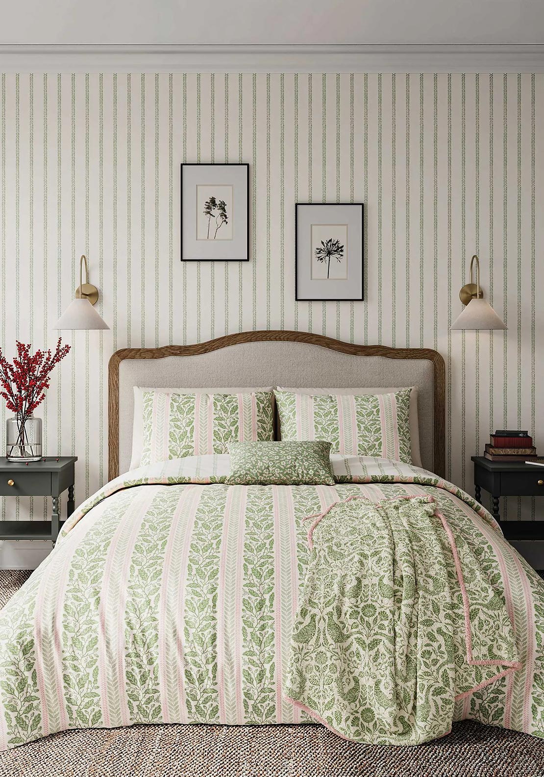 Helena Springfield Harvest Moon Oak Stripe Cotton Duvet Cover Set, Green & Pink
