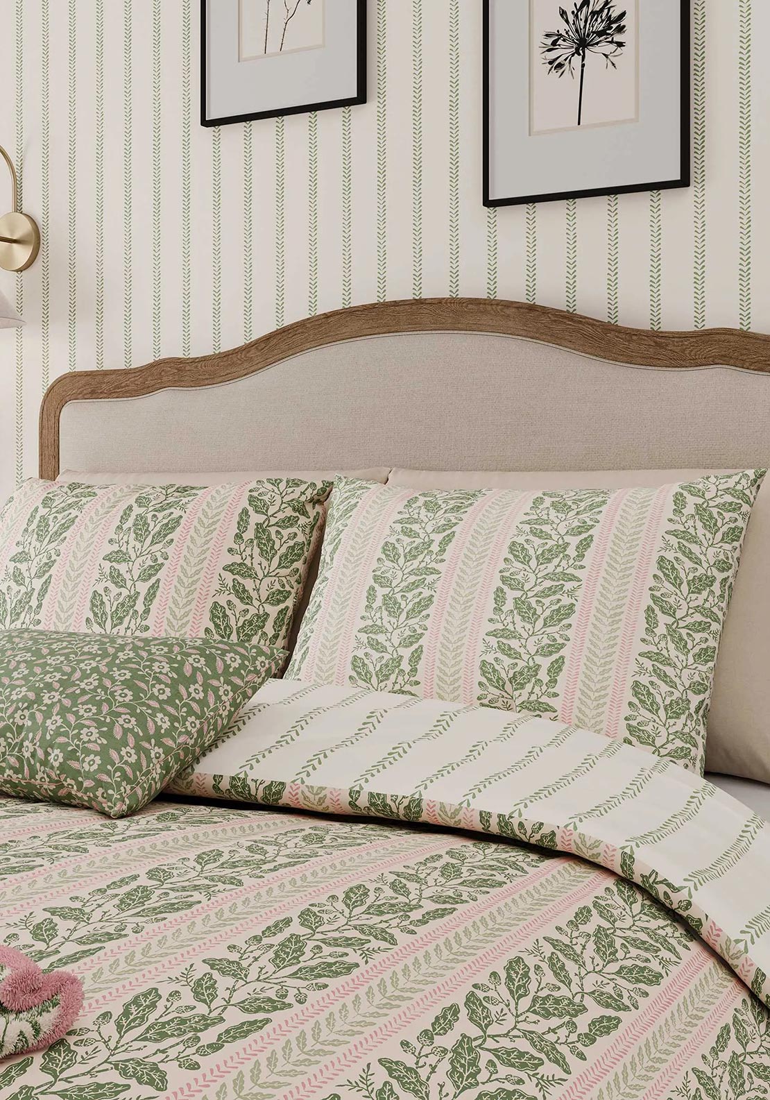 Helena Springfield Harvest Moon Oak Stripe Cotton Duvet Cover Set, Green & Pink