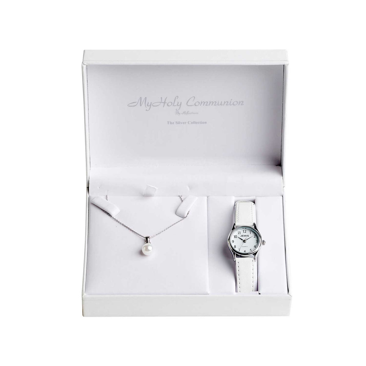 MGD Jewellery Holy Communion Watch & Pearl Necklace Set, Silver & White