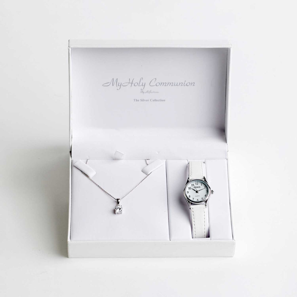 MGD Jewellery Holy Communion Watch & CZ Round Necklace Set, Silver & White