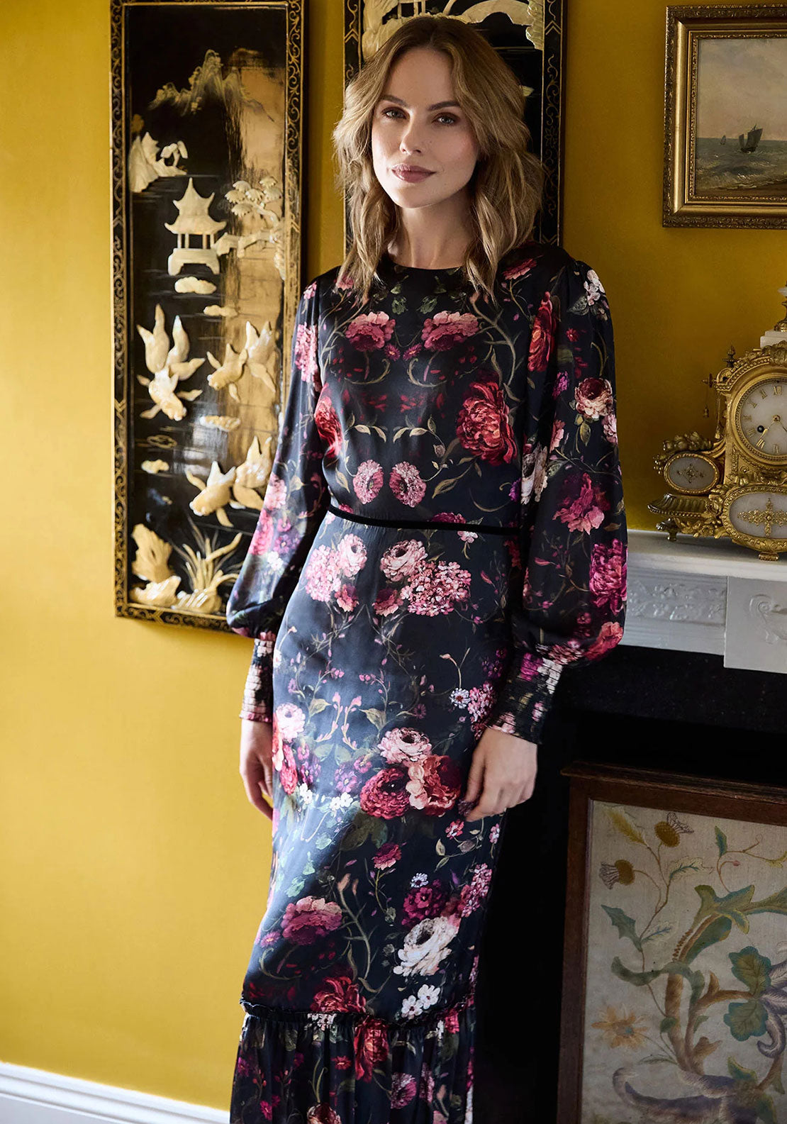 Hope & Ivy Holly Floral Long Sleeves Bow Back Dress, Black Hope & Ivy Holly Floral Long Sleeves Bow Back Dress, Black