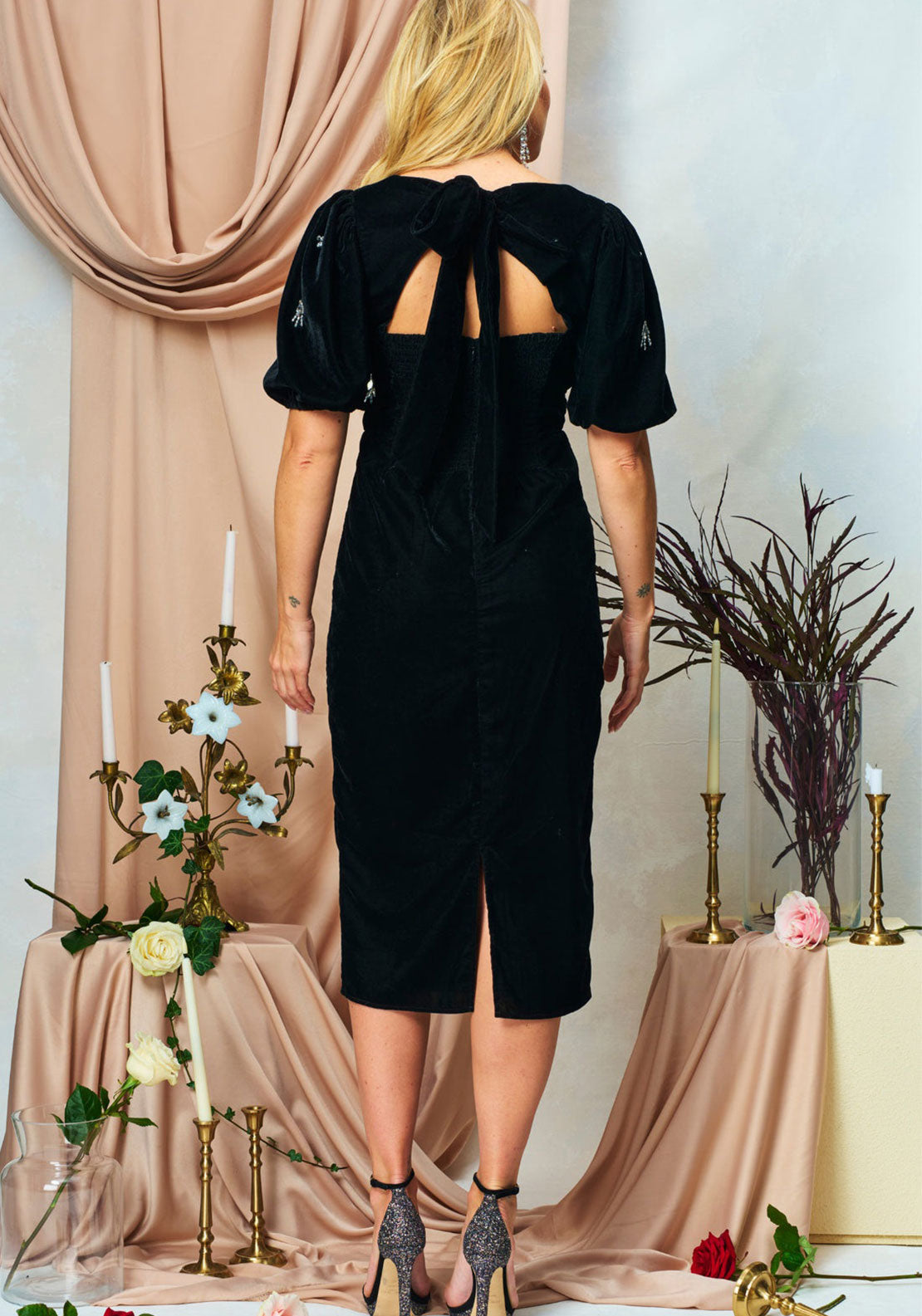 Hope and Ivy Bettina Velvet Embellished Midi Dress, Black - McElhinneys