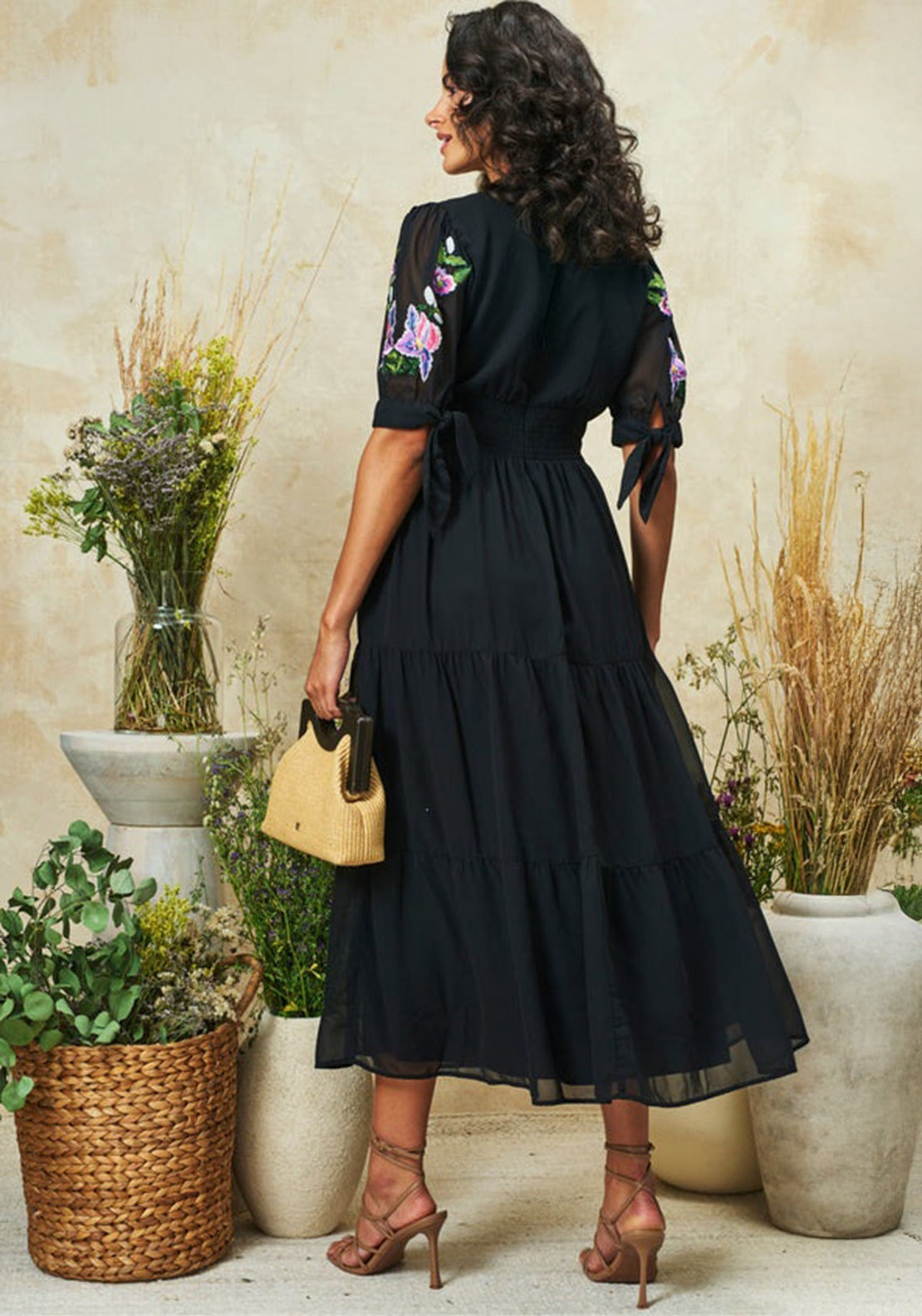 Hope & Ivy April Embroidered Tie Sleeve V-Neck Midi Dress, Black