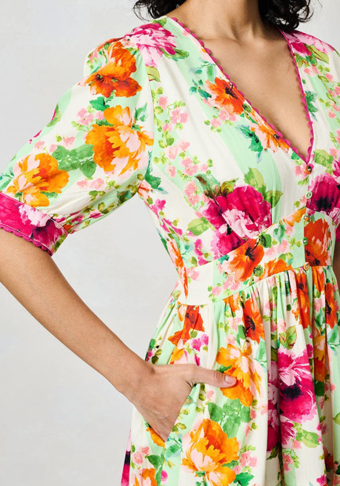 Hope & Ivy Zeena V-Neck Puff Sleeve Dress, Pink Multi