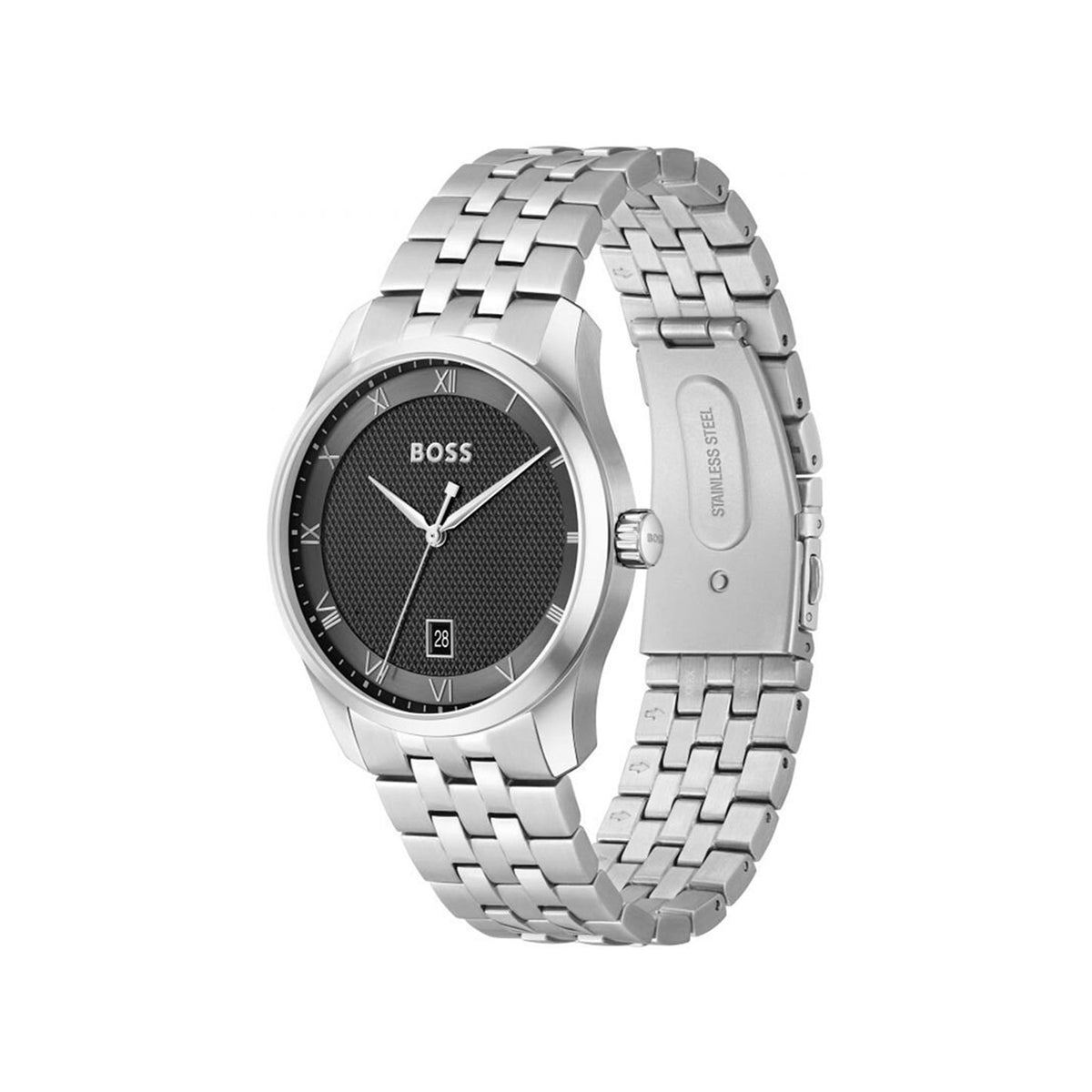 Hugo Boss Men’s Principle Black Dial Watch, Silver