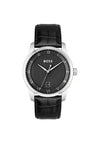 Hugo Boss Men’s Principle Black Leather Strap Watch, Silver