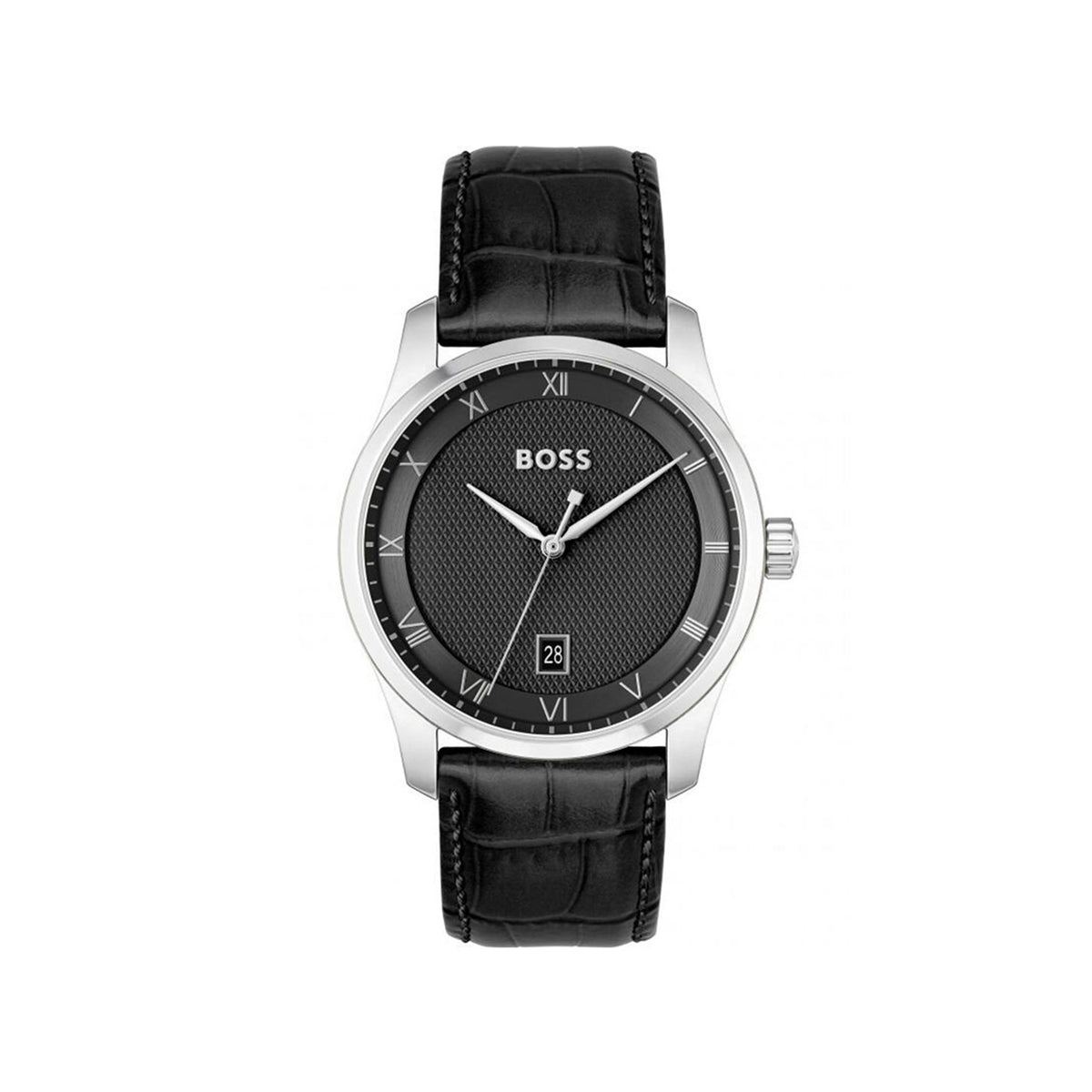 Hugo Boss Men’s Principle Black Leather Strap Watch, Silver