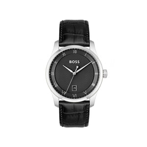 Hugo Boss Men’s Principle Black Leather Strap Watch, Silver