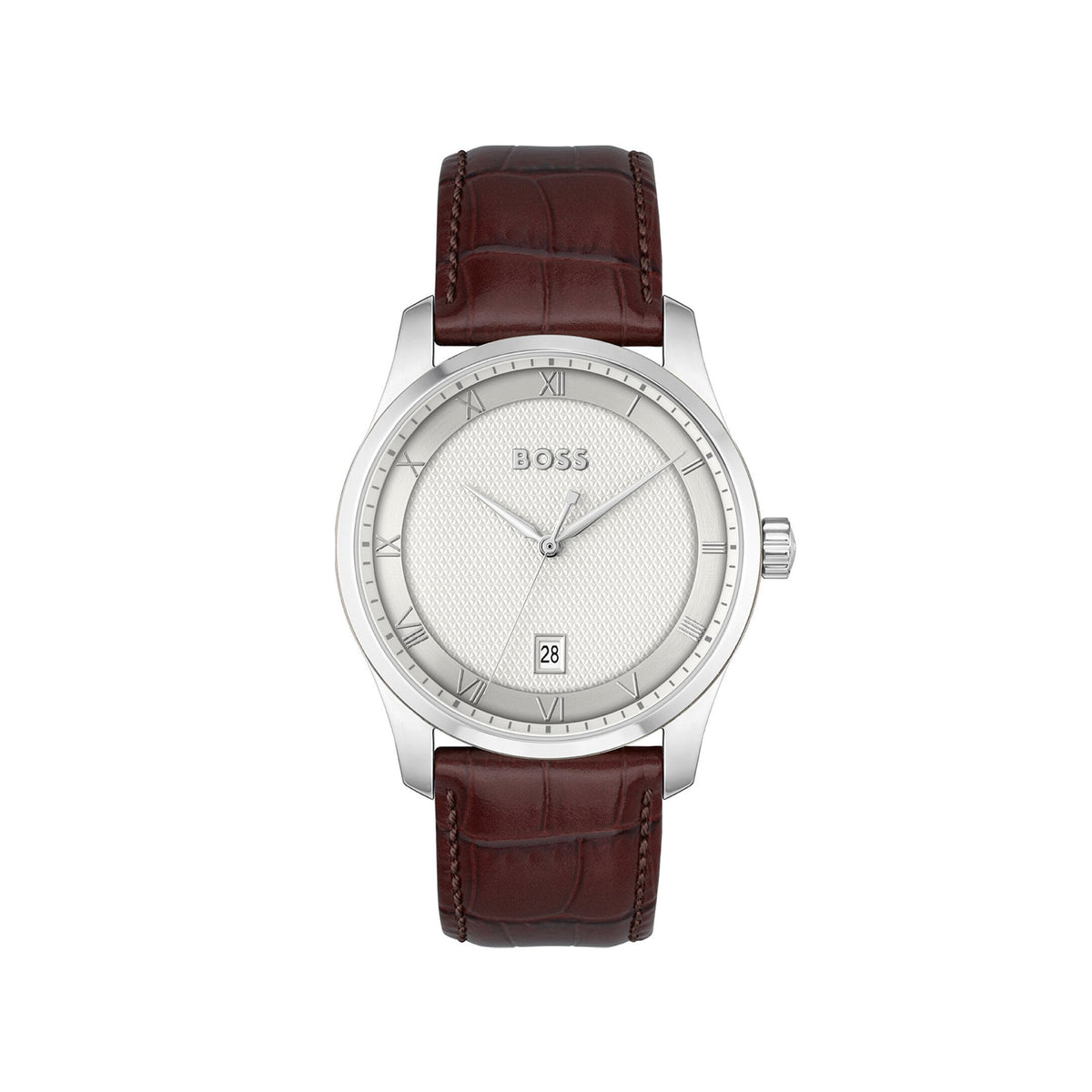 Hugo Boss Men’s Principle Brown Leather Strap Watch, Silver