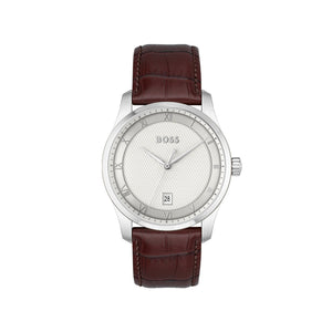 Hugo Boss Men’s Principle Brown Leather Strap Watch, Silver