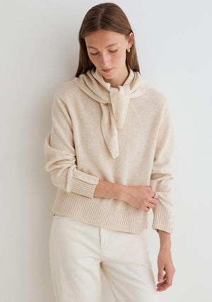 YERSE Fine Knit Tie Detail Round Neck Sweater, Cream