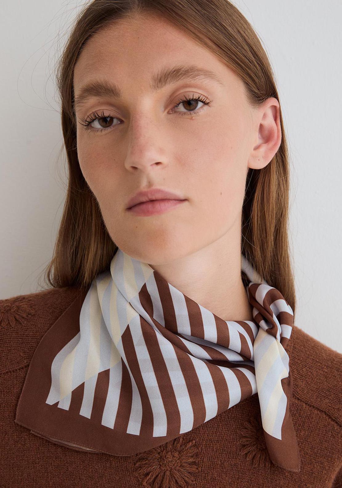 Yerse Richard Silk Striped Neck Scarf, Brown