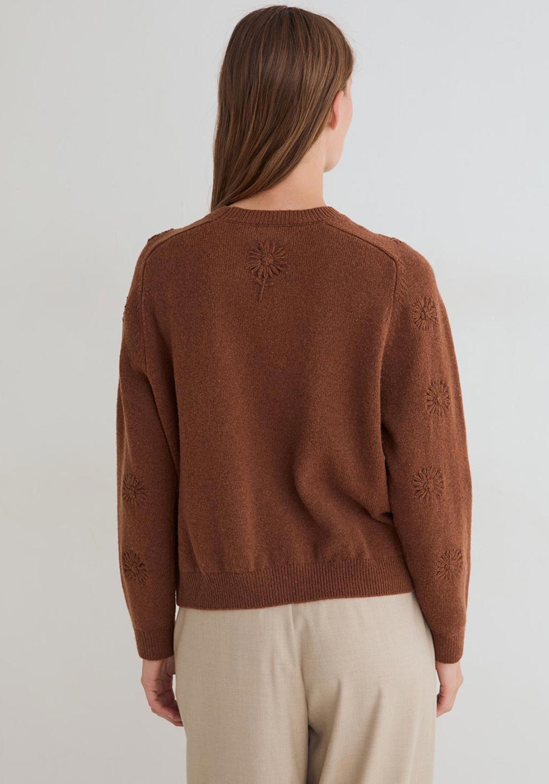 YERSE Fine Knit Floral Embroidered Sweater, Tan
