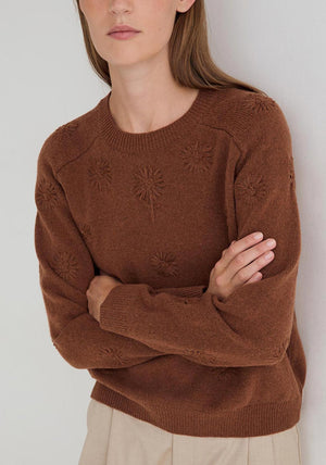 YERSE Fine Knit Floral Embroidered Sweater, Tan