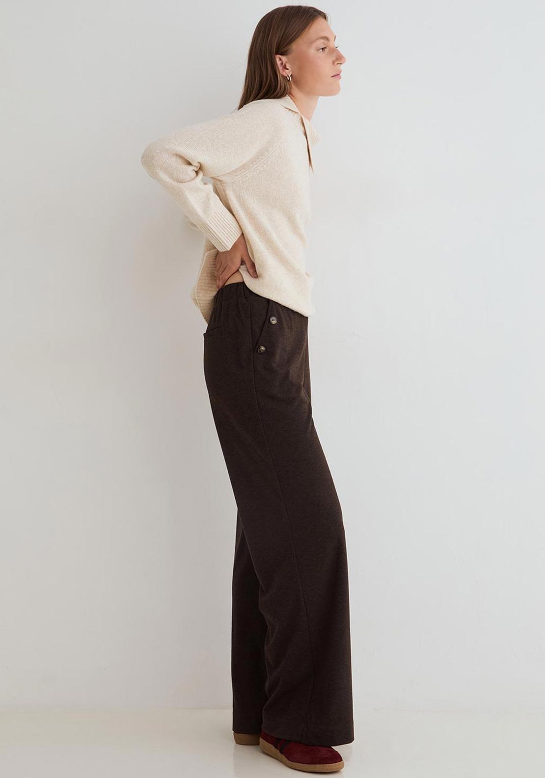 YERSE Wide Leg With Button Detail Trousers, Brown