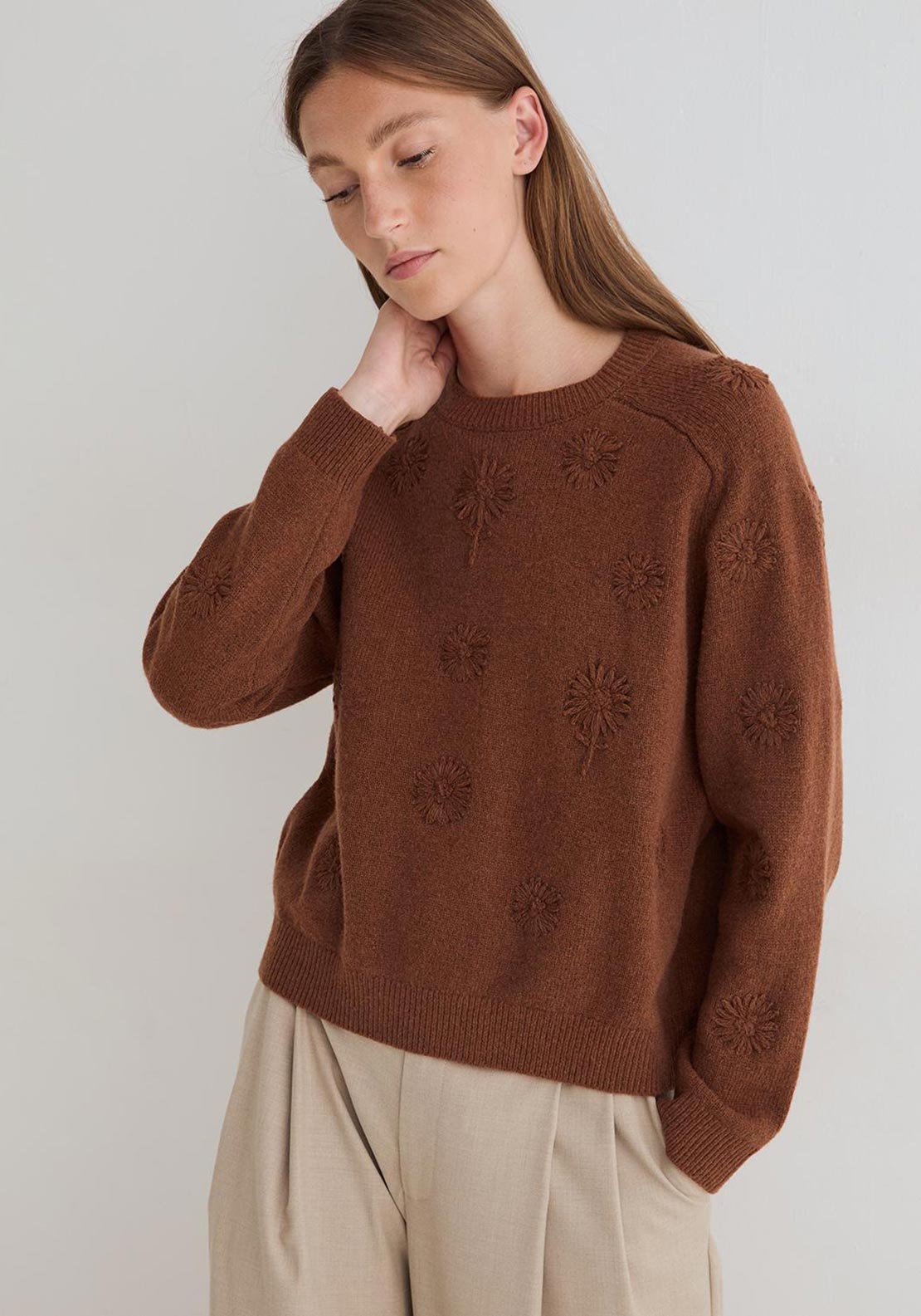 YERSE Fine Knit Floral Embroidered Sweater, Tan