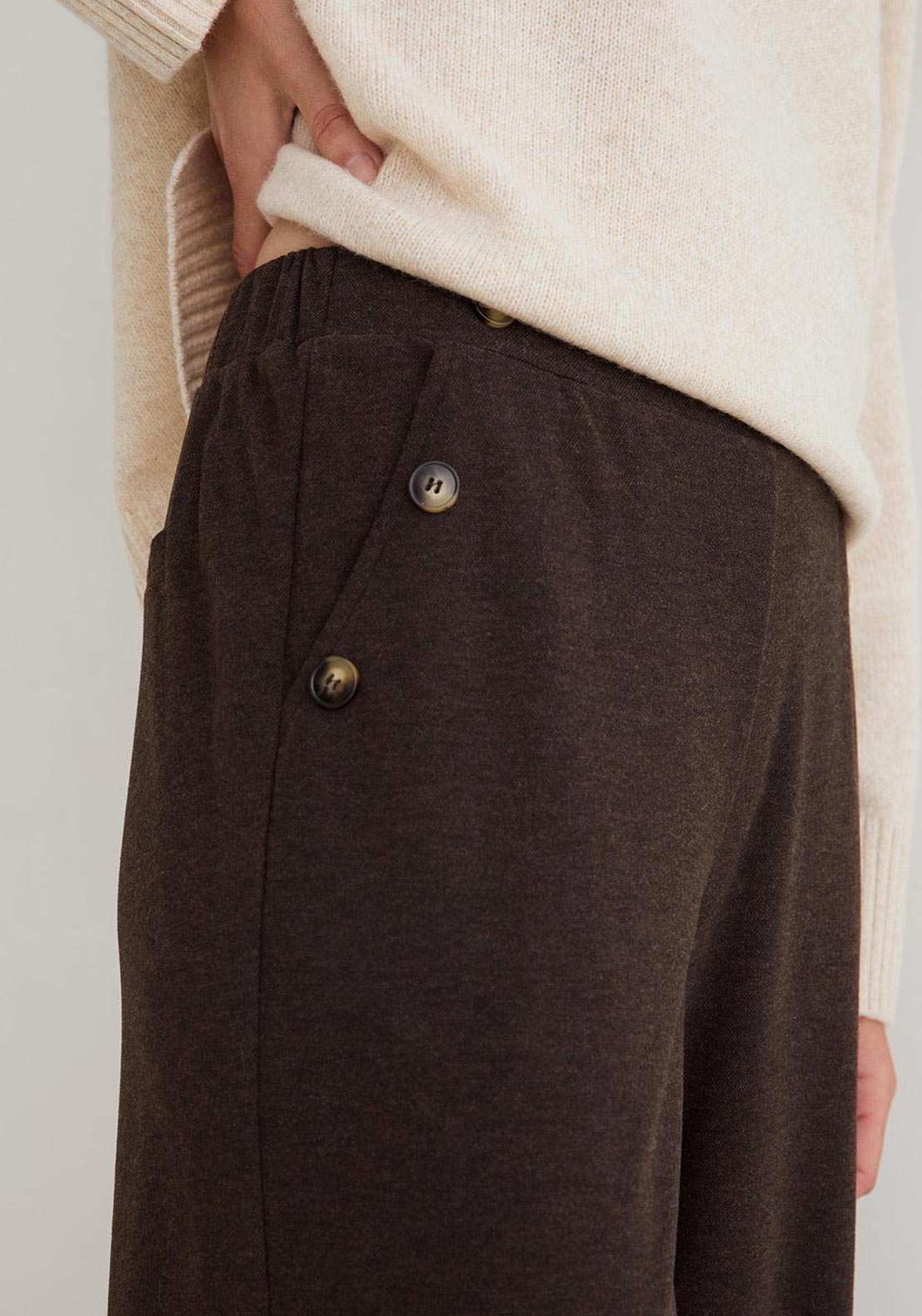 YERSE Wide Leg With Button Detail Trousers, Brown