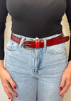 Serafina Collection Stitch Detail Leather Belt, Wine