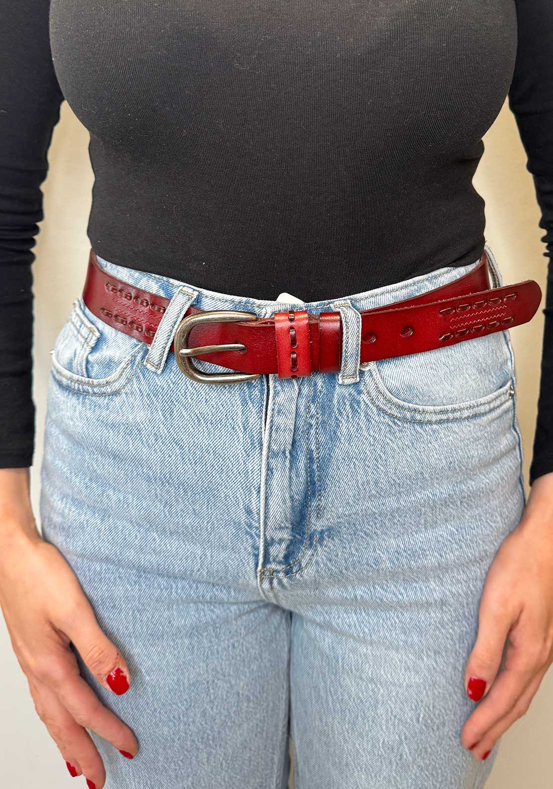 Serafina Collection Stitch Detail Leather Belt, Wine