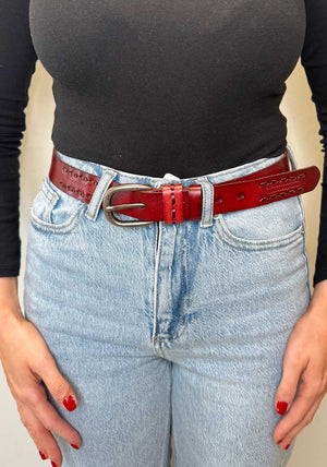Serafina Collection Stitch Detail Leather Belt, Wine