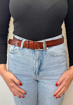 Serafina Collection Stitch Detail Leather Belt, Brown