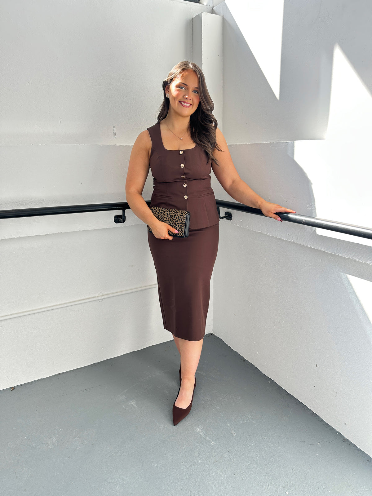 Girl In Mind Jamie Waistcoat & Vicky Midi Skirt Co-Ord, Brown - McElhinneys Girl In Mind Jamie Waistcoat & Vicky Midi Skirt Co-Ord, Brown - McElhinneys