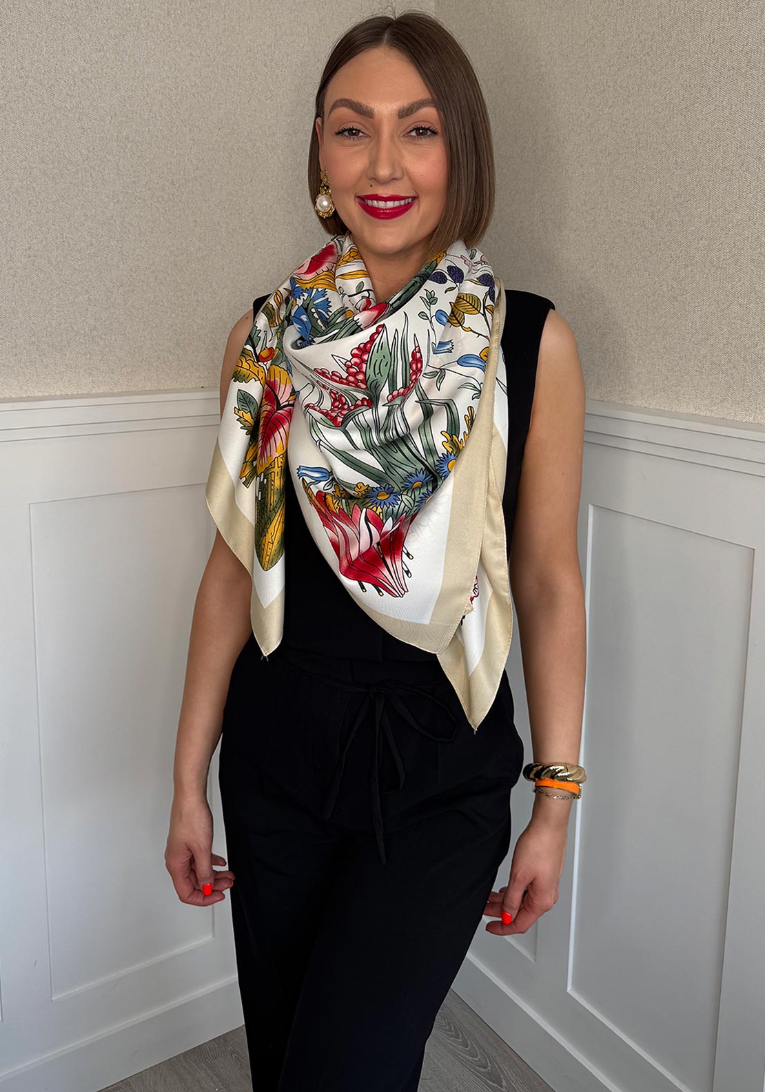 Serafina Collection Botanical Print Scarf, Beige Multi