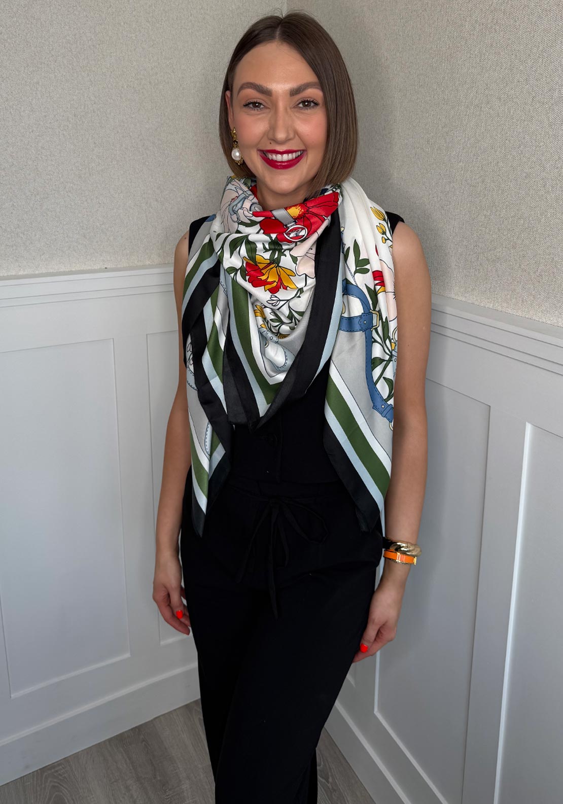 Serafina Collection Floral Horse Print Scarf, Green Multi