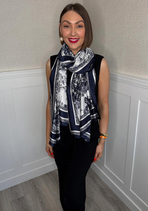 Serafina Collection Botanical Animal Print Scarf, Navy and White