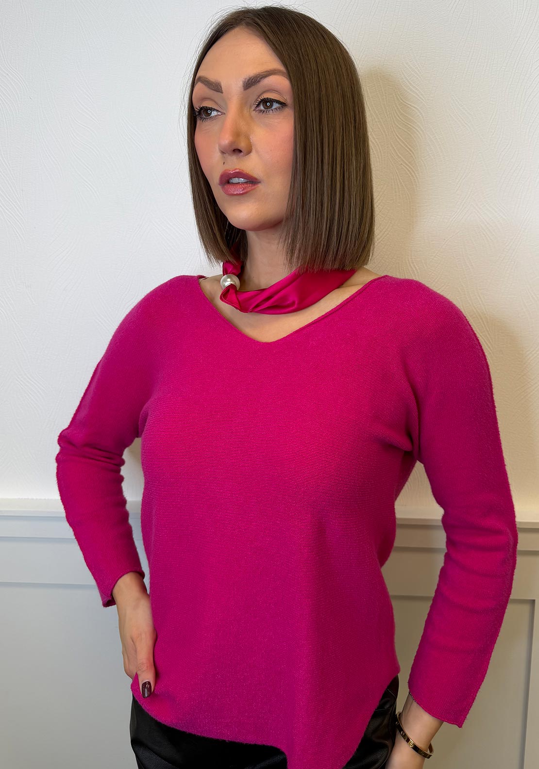 Serafina V Neck Jumper & Neck Scarf, Fuchsia Pink
