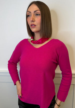Serafina V Neck Jumper & Neck Scarf, Fuchsia Pink