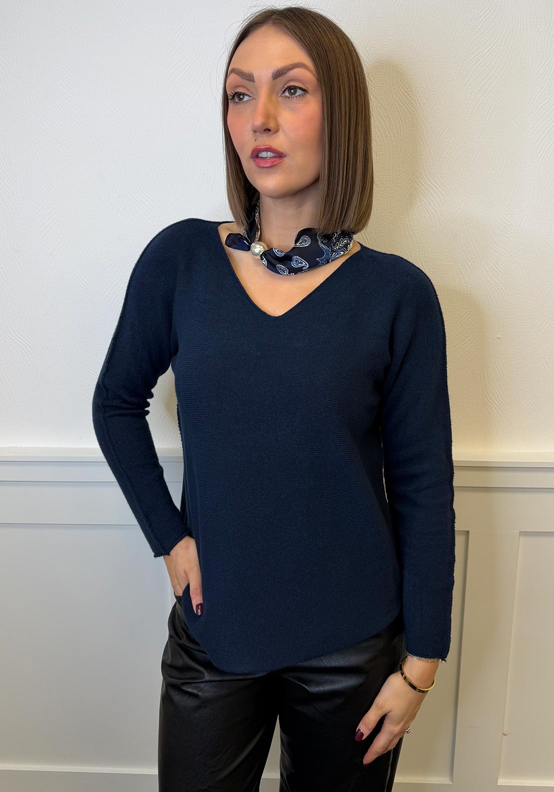 Serafina V Neck Jumper & Neck Scarf, Navy