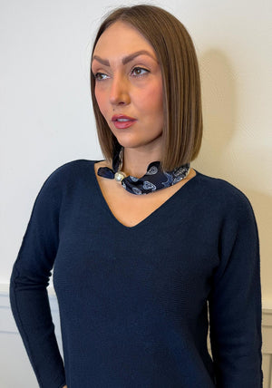 Serafina V Neck Jumper & Neck Scarf, Navy