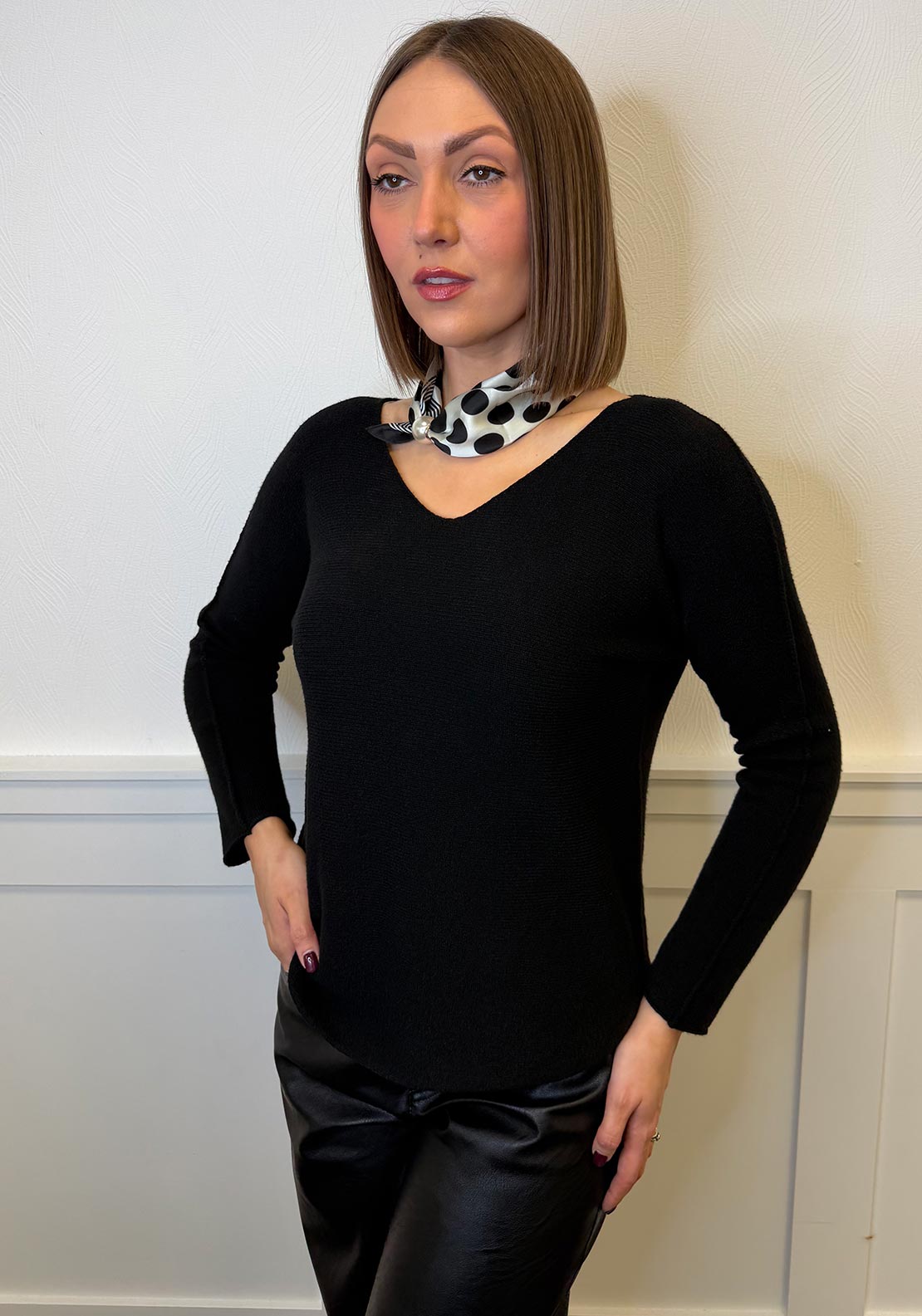 Serafina V Neck Jumper & Neck Scarf, Black